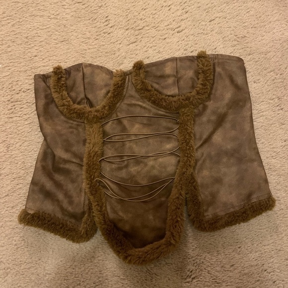 Brown Washed Faux Leather Lace Up Front Fur Under Wire corset y2k fall casual - Picture 3 of 5